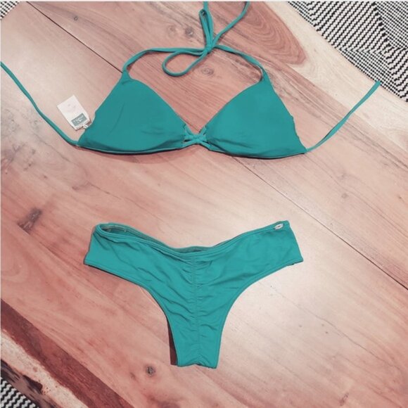 O’Neill Saltwater Teal Triangle Knot Bikini + Ruched Cheeky Bikini Bottom Set - Picture 2 of 11